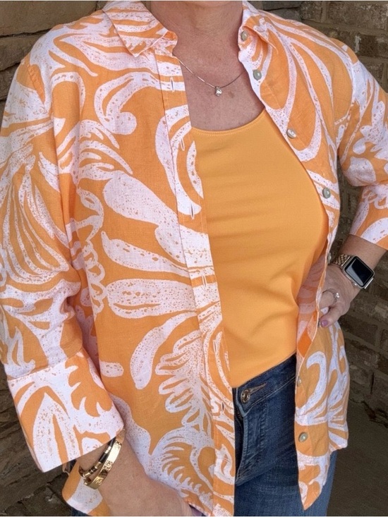 Chico's Tops - CHICO’S 100% Linen Orange White 3/4 Sleeve Button Front Blouse Size 2 US 12